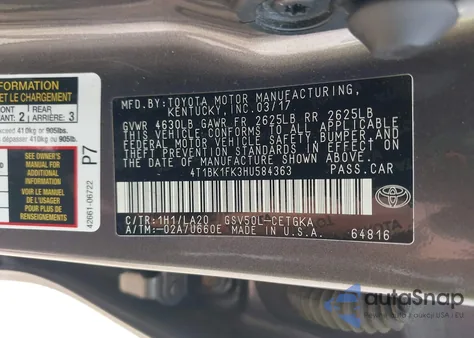 2017 Toyota Camry Xle V6 z USA, uszkodzony, nr VIN 4T1BK1FK3HU584363